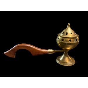Vtg Brass Dhoop Dani Loban Burner Sambrani Stand Incense Burner Wooden Handle
